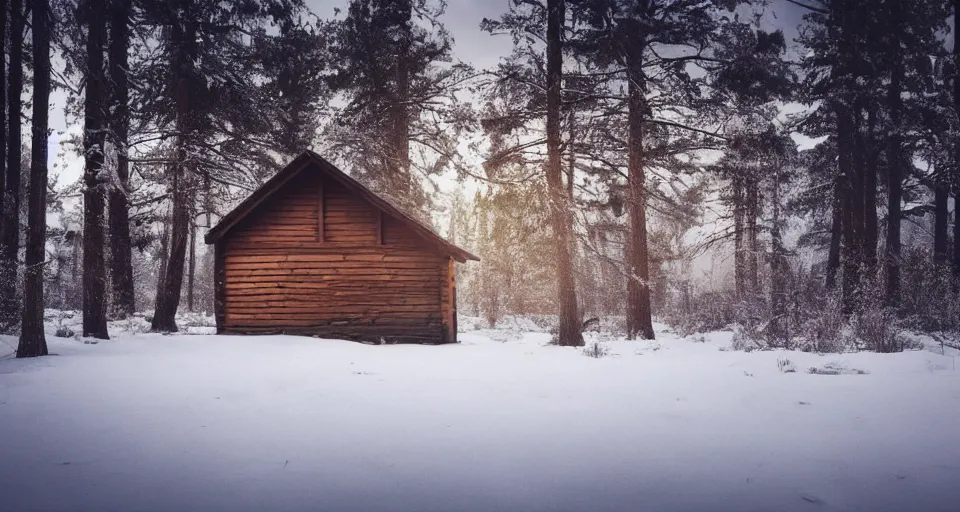 Image similar to a wooden hut at a clearing in the woods, snowy, light inside the hut, realistic, epic composition, epic lighting, 4 k