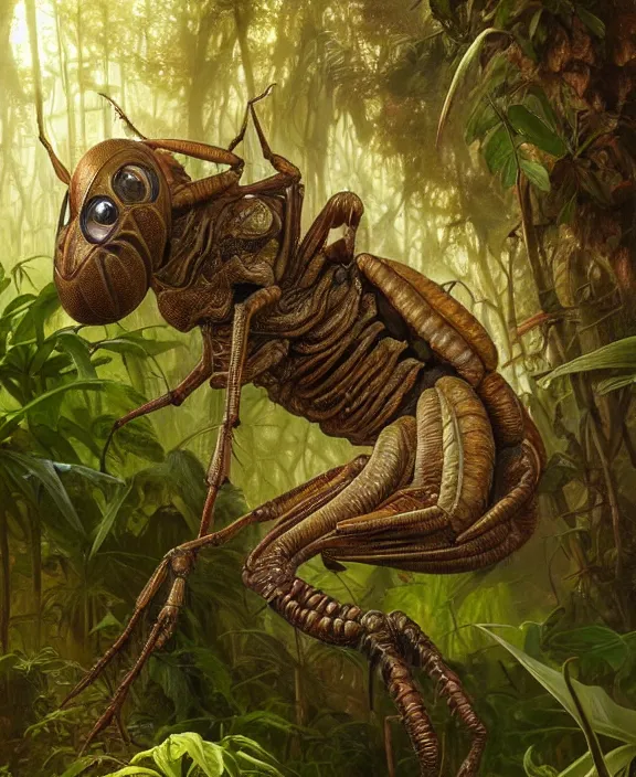 Prompt: intricate earth - toned portrait of a disturbing terrifying alien insect creature, mottling coloring, adorable, childlike, overgrown jungle environment, ultra realistic, concept art, maximalist, photorealistic, octane render, 8 k, unreal engine. art by christopher marley and artgerm and greg rutkowski and alphonse mucha