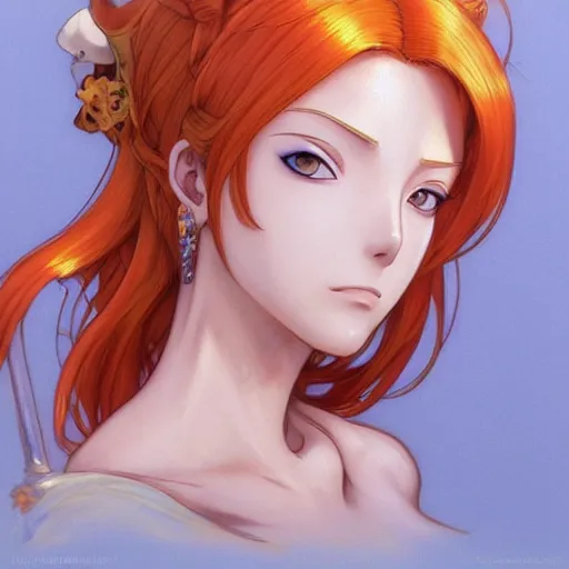 Image similar to intricately detailed vfx portrait of nami from one piece by eiichiro oda!, makoto shinkai, alphonse mucha, art by artgerm and greg rutkowski!, best of behance, concept art, matte, sharp focus, orange hair, adolphe bouguereau, annie leibovitz, stanley kubrick,