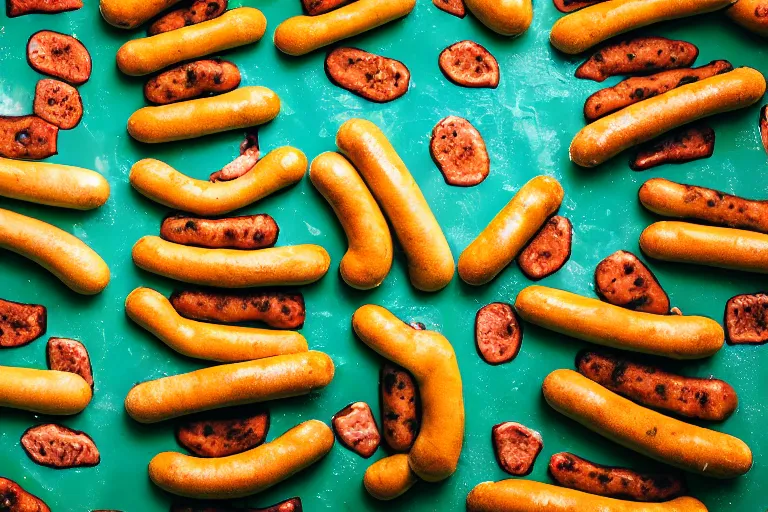 Prompt: a photo of giant green and blue hot dogs floating down a river