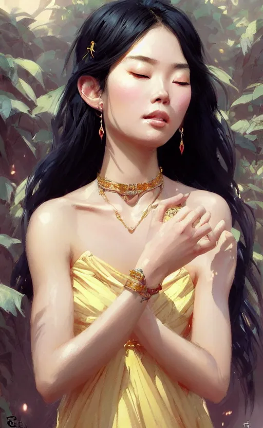 Image similar to a beautiful taiwan goddess with sundress with jewelry | | winter, realistic shaded, unpleasant face, good looking, fine details, realistic shaded lighting poster by greg rutkowski, magali villeneuve, artgerm, jeremy lipkin and michael garmash and macoto takahashi