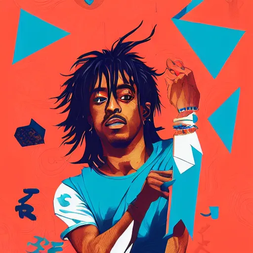 Prompt: Playboi Carti and Lil Uzi Vert, Ninja Scrolls, Geometric 3d shapes, Gang, Pistol, Blood, red smoke, by Sachin Teng, Trending on artstation