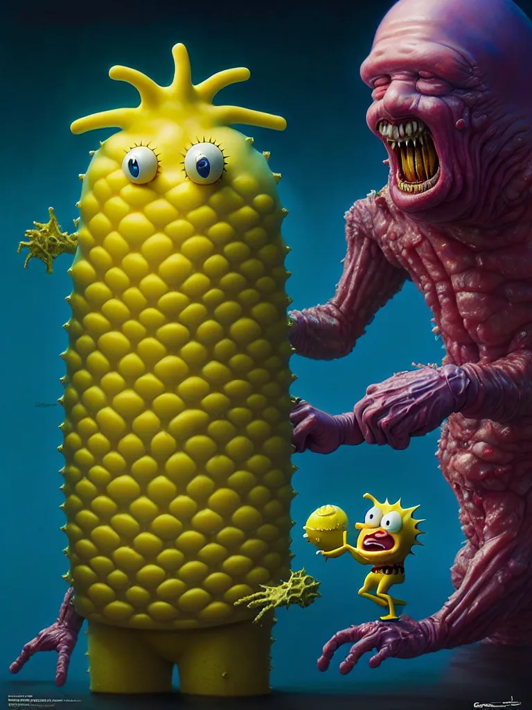 Image similar to hyperrealistic rendering, fat smooth john carpenter flesh monster spongebob by donato giancola and greg rutkowski and wayne barlow and zdzisław beksinski, product photography, action figure, sofubi, studio lighting, colored gels, colored background