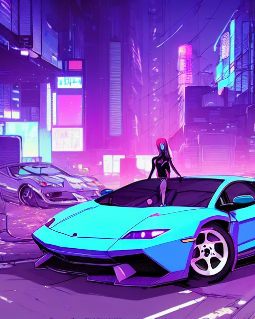 Image similar to digital illustration of cyberpunk pretty girl with blue hair, standing in front of a purple lamborghini, in junkyard at night, by makoto shinkai, ilya kuvshinov, lois van baarle, rossdraws, basquiat