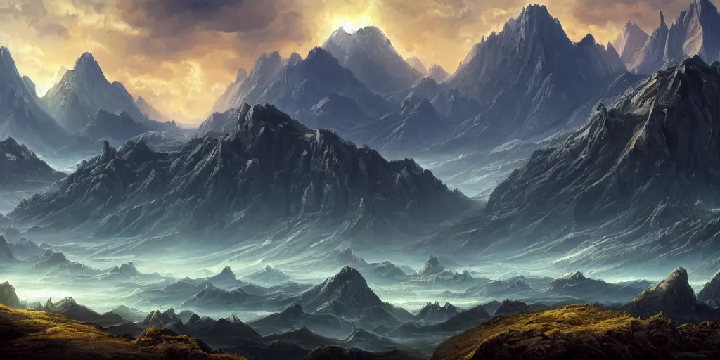 Prompt: The eldritch landscape with mountains in the background and great river down the middle, Sci-Fi fantasy desktop wallpaper, painted, 4k, high detail, sharp focus