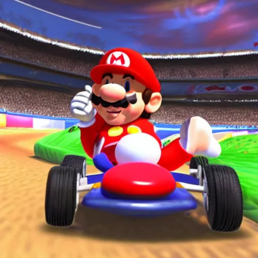 Prompt: Gameplay screenshot of Lionel Messi as toad in Mario Kart, Mushroom hat, Nintendo, Red Bull