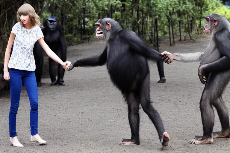 Image similar to Taylor Swift shaking hands with a chimpanzee