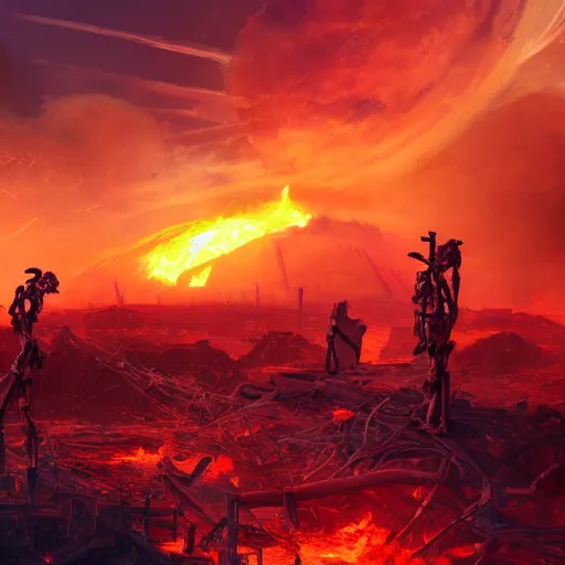 Image similar to apocalyptic futuristic world, sunset, skeletons rising from the ground, colorful sky, distant burning fires, skeleton walking around, destroyed buildings, street view, concept art, fantasy, illustration, 8 k, high detail, artstation award