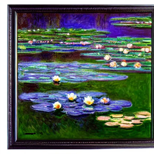 Image similar to Water Lilies, Claude Monet, masterpiece, 4k art gallery scan, oil on canvas (deframed),Blue and dark green and purple