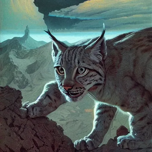 Prompt: giant distorted lynx cat looming over the horizon of a broken earth, perfectly clear face, by j. c. leyendecker and beksinski