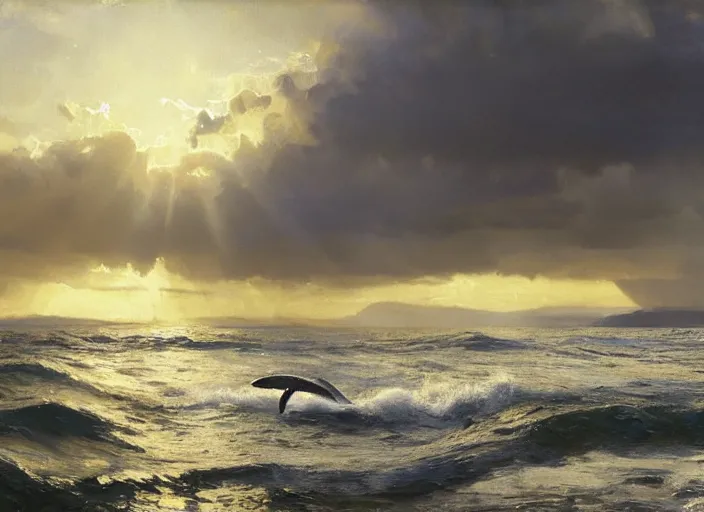 Image similar to oil painting of whale roaming the ocean in dawn by anders zorn, wonderful art by greg rutkowski, incredible lighting, shadows, beautiful cinematic light, american romanticism by greg manchess, tall rocky mountains and storm clouds, sun rays, sunshine, bright sunny summer day, tall backlit waves, wild water, reflections