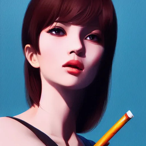 Image similar to a woman holding a cigarette in her hand, an airbrush painting by ilya kuvshinov, cgsociety, digital art, ilya kuvshinov, digital painting, smokey background