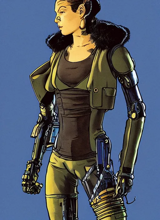 Image similar to menacing cyberpunk mercenary with robotic blade arms in military vest and jumpsuit. dystopian. portrait by stonehouse and mœbius and will eisner and gil elvgren and pixar. realistic proportions. cyberpunk 2 0 7 7, apex, blade runner 2 0 4 9 concept art. cel shading. attractive face. thick lines.