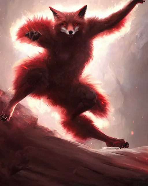 Image similar to oil painting of Angry Anthropomorphized Fox Berserker, wearing red fur, claws, sharp focus, attack pose, fantasy style, octane render, volumetric lighting, 8k high definition, by greg rutkowski, highly detailed, trending on art Station, magic the gathering artwork, burning Battlefield background, centered