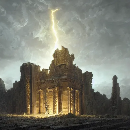 Prompt: the holy castle of Zeus, electrified, lightning-based, with statues, hyperdetailed, artstation, cgsociety, by greg rutkowski, by Gustave Dore, Deviantart
