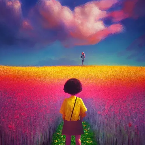 Image similar to giant flower as a head, girl walking in flower field, surreal photography, sunrise, dramatic light, impressionist painting, colorful clouds, digital painting, artstation, simon stalenhag