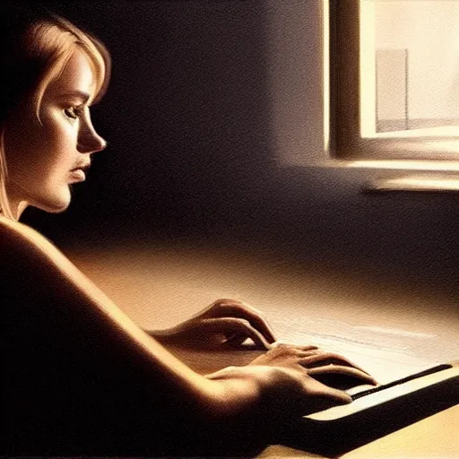 Prompt: beautiful cinematic hyperrealistic portrait with cinematic shadows and lights where a work appears sitting typing on a computer happy