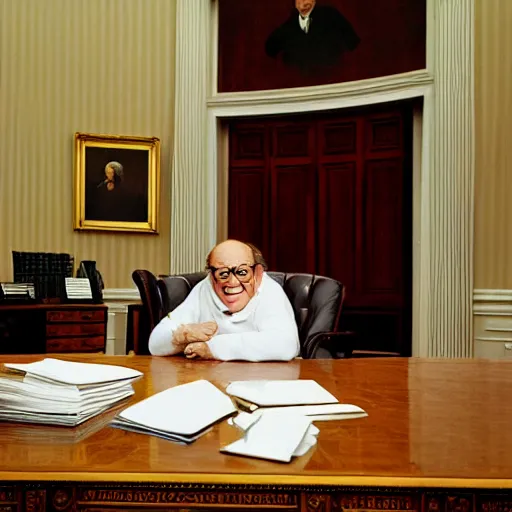 Image similar to portrait of president danny devito!!! sitting in his chair behind the desk in the oval office, annie leibovitz, studio lighting, frank