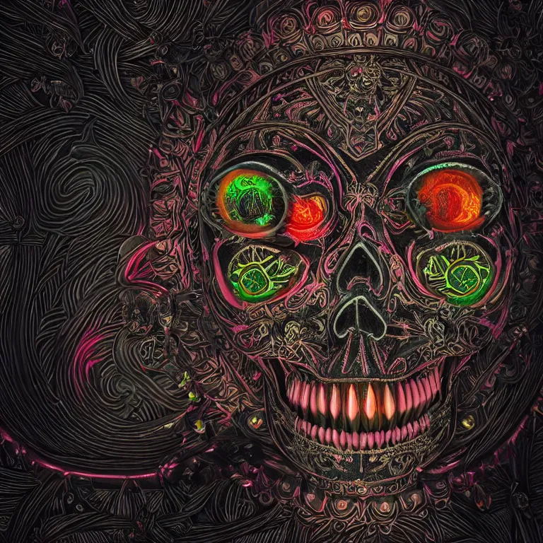 Image similar to a highly detailed photographic render of intricately carved sugar skull, psychedelic, black background, neon light, intricate ornament, gilding, horror, dark fantasy, beautifully lit, ray traced, octane 3D render in the style of Gerald Brom and James Gurney