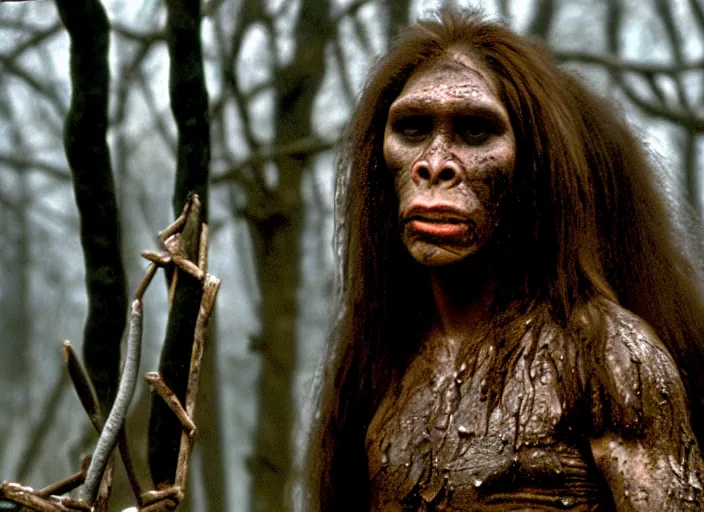 Prompt: attractive neanderthal woman covered in mud, movie still, from the movie quest for fire, 8 k, realistic