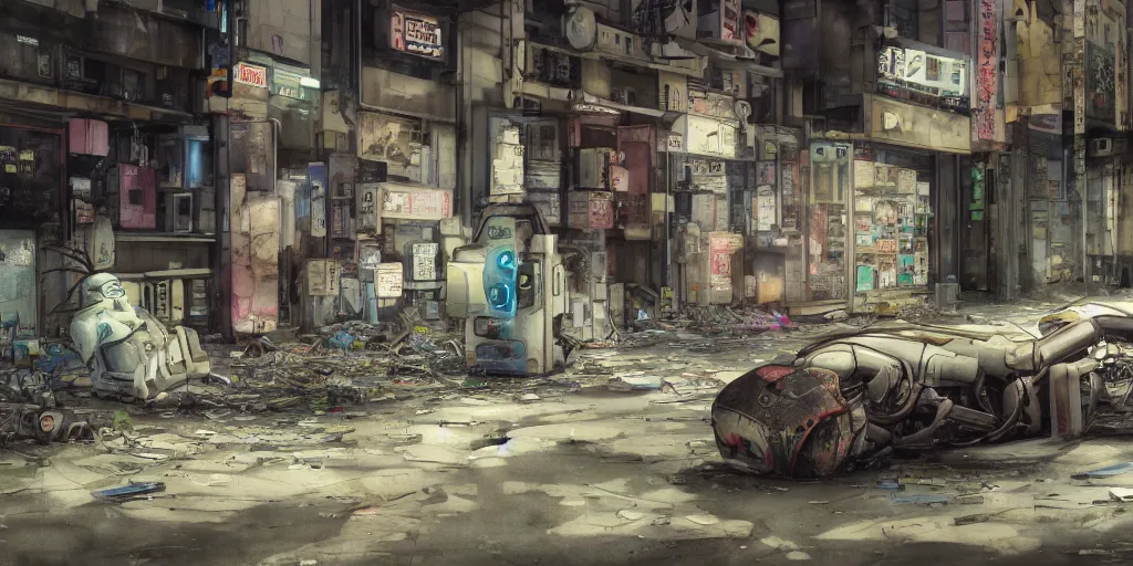 Prompt: a broken robot lying in a deserted shinjuku junk town, watercolor, ghost in the shell, soft bloom lighting, paper texture, bright sun bleached ground, vending machine, robot lurks in the background, koji morimoto, katsuya terada, genius party, animatronic, black smoke, pale, beige sky pencil marks, hd, 4k, remaster, dynamic camera angle, fish eye, dynamic scene