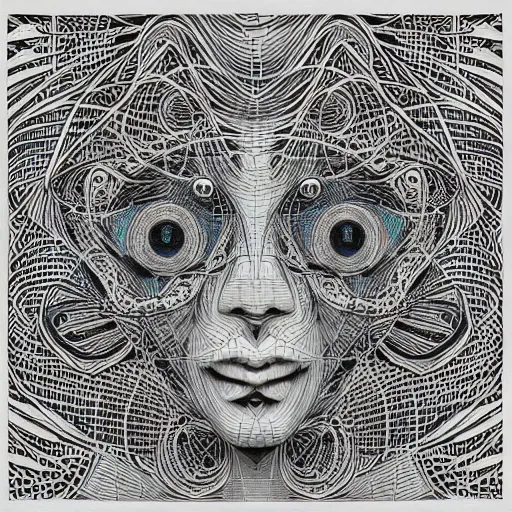 Image similar to Geometrically surreal Artificial Intelligence monk, high detail, photorealistic, intricate line drawings, dotart, album art in the style of James Jean