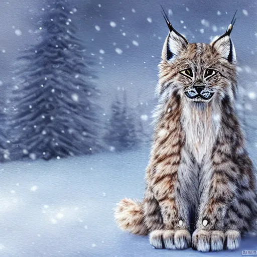 Image similar to cute fluffy lynx sitting in snowy winter landscape detailed painting 4 k