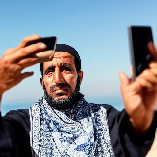 Image similar to a moroccan man looking down at his phone taking a selfie, serious face, not smiling, with a large double - chin showing