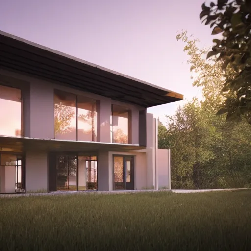 Image similar to a detailed photo of a house in the woods, designed by le corbusier, beautiful sunset, photorealistic, hyperrealistic, octane render