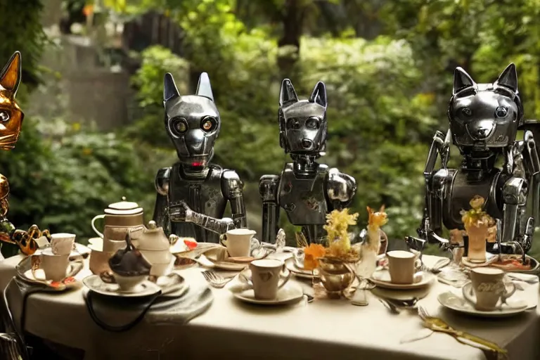 Prompt: film still from the movie chappie of the robot chappie shiny metal outdoor park plants garden scene bokeh depth of field several figures sitting down at a table having a grand victorian tea party furry anthro anthropomorphic stylized cat ears wolf muzzle head android service droid robot machine fursona