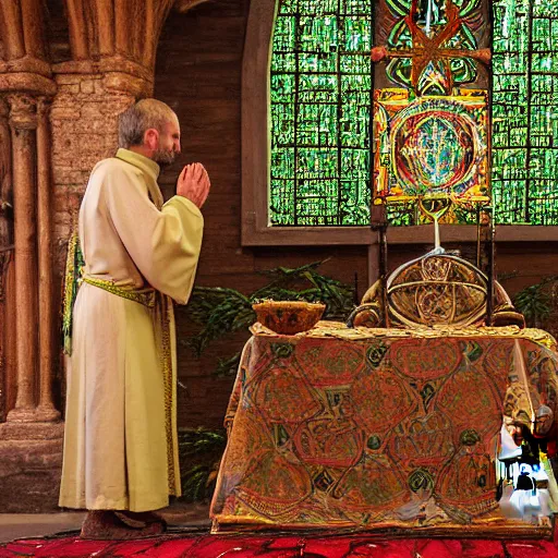 Prompt: a realistic high definition photograph of a medieval priest wearing ornate robes embroidered with a pattern hemp leaves. the old priest is wearing a ceremonial necklace of realistic hemp leaves and holding a thin staff made of knotted wood. the priest is praying at a green stone altar surrounded by hemp plants. natural lighting in a medieval church setting.