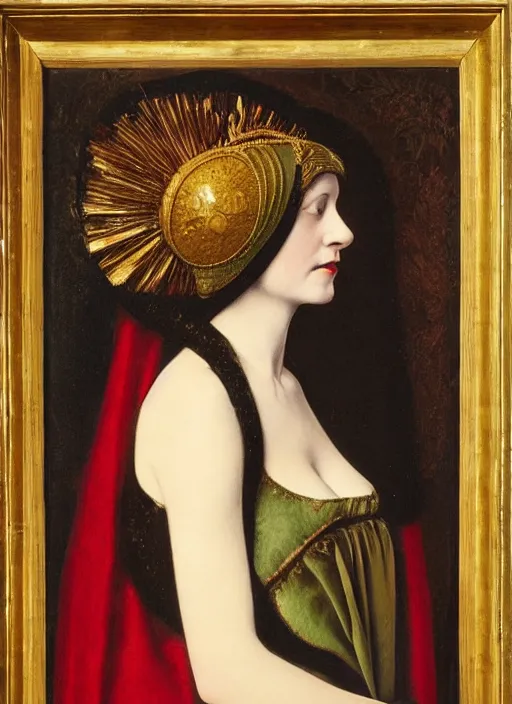 Image similar to portrait of young woman in renaissance dress and renaissance headdress, art by edward steichen