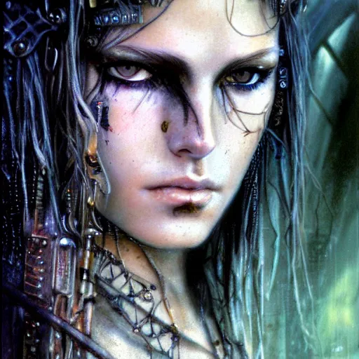 Image similar to an award finning closeup facial portrait by luis royo and john howe of a very beautiful and attractive female bohemian cyberpunk traveller aged 1 5 with green eyes and freckles in clothed in excessively fashionable cyberpunk gear and wearing ornate warpaint