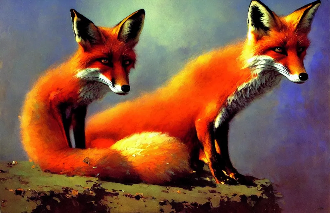 Prompt: a fox sitting on a plynth, epic lighting, by ilya repin, phil hale and kent williams