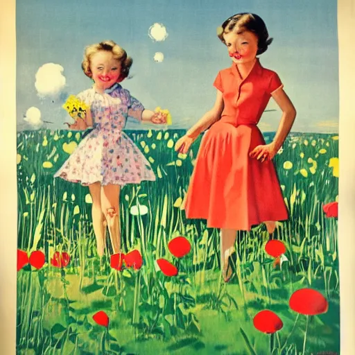 Prompt: 1 9 5 0 s propaganda poster, mushroom cloud in background, two children holding hands in a field of flowers, normal rockwell, symmetrical