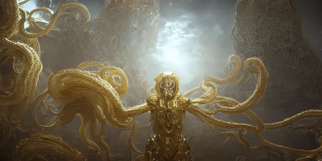 Prompt: a photo of 8k ultra realistic lovecraftian opulent white and golden humanoid queen standing next to a spaceship window overlooking earth, 8 intricate white and gold tentacles, ornate white and gold armour, cinematic lighting, trending on artstation, 4k, hyperrealistic, focused, extreme details, unreal engine 5, cinematic, masterpiece