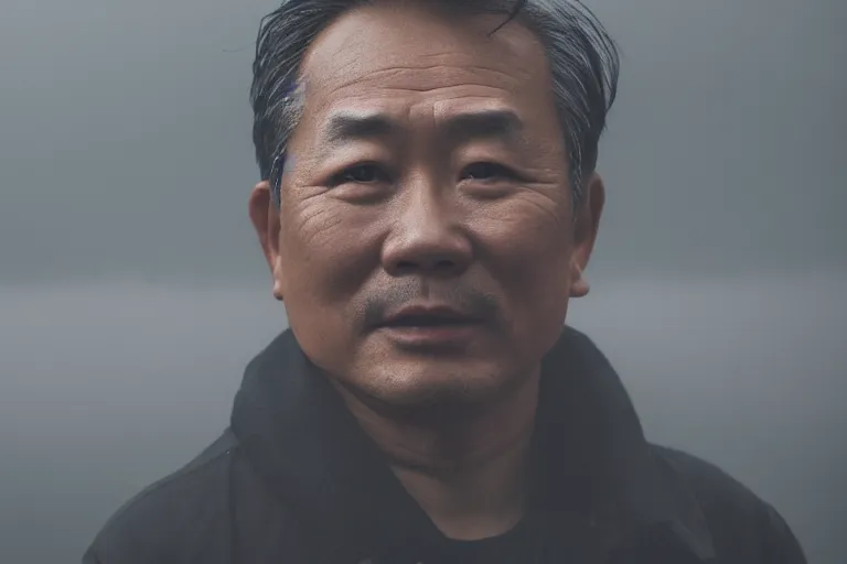 Image similar to a cinematic headshot portrait of a middle aged asian man, movie still, fog, ocean background, waves, rain, dramatic lighting, back light, hair light, rim light, 4 k, ultra realistic