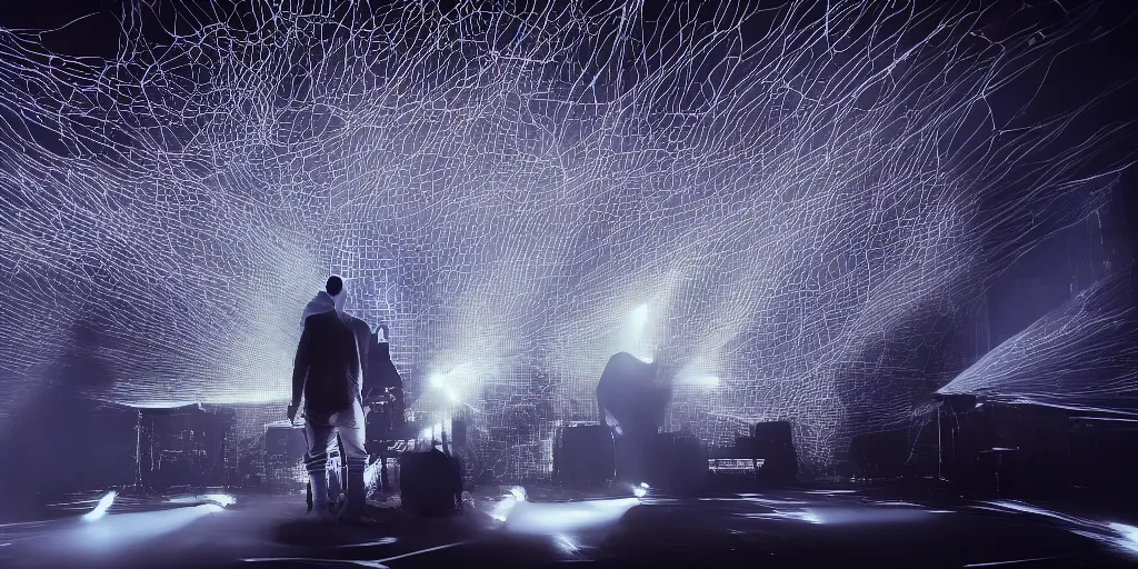 Image similar to Thom Yorke singer songwriter, Radiohead group of people on stage playing instruments, elaborate stage effects, dust, smoke, giant LED screens, colored projections, ultrafine detail, glowing thin wires, smoke, high contrast, projections, a screenshot by David Gilmour Blythe, holography, tesseract, volumetric lighting, anamorphic lens flare