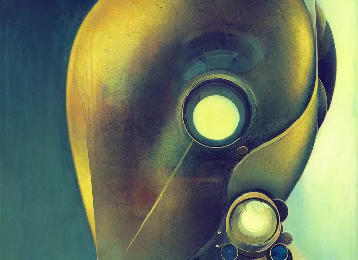 Image similar to a portrait headshot of sci fi metallic human, bright eyes, melancholic complex geometric figure liminal machinery by oskar schlemmer, moebius, john berkey, film grain, oil on canvas, portrait facial head, featured on artstation, hd wallpaper, 8 k