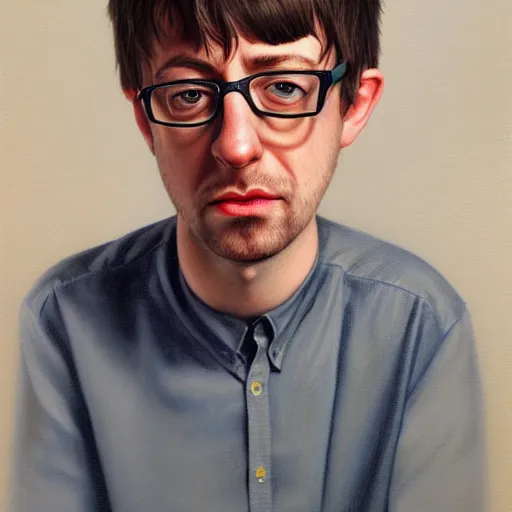 Image similar to Caricature portraits done of a young Graham Coxon, realistic, hyperrealistic, very realistic, highly detailed, very detailed, extremely detailed, detailed, oil painting, digital art, trending on artstation