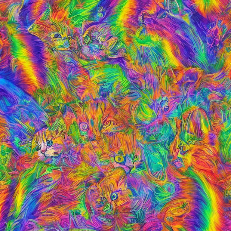 Prompt: smooth detailed art of Rainbow kittens in space, psychedelic DMT art, well lit, digital art, expressive beautiful, award winning, high quality, key visual, 4k hd, sharp, backlit, gorgeous lighting, painted by Pablo Amaringo