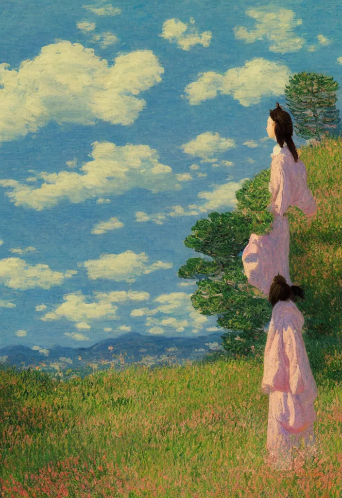 Prompt: tiny character in front of a beautiful japanese country side landscape, ryokans in the background, blue sky, magnificient clouds, lofi vibe, vivide colors, amazing light, really beautiful nature, oil painting, impressionist style, by jeremy lipkin, by claude monet, by ghibli, kandinsky touches, multiple brush strokes, masterpiece