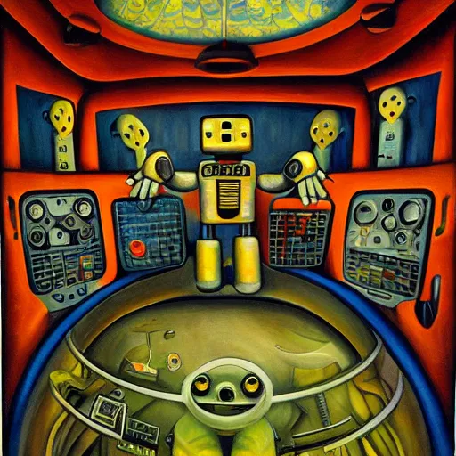 Prompt: robot being reanimated inside a dome - shaped control center, evil lair, lowbrow surrealism, pj crook, oil on canvas