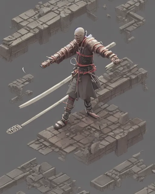 Image similar to an intricate 3d render in isometric perspective of an undead samurai by studio ghibli, greg rutkowski and disney concept artists, isometric perspective, studio ghibli color scheme, octane, cgsociety, intricate, macro