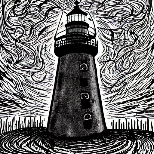 Prompt: black and white trippy psychedelic illustration of a lighthouse in a storm