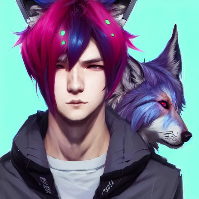 Image similar to character concept art of a cute cyberpunk boy with colorful hair and wolf ears and freckles | | cute - fine - face, pretty face, key visual, realistic shaded perfect face, fine details by stanley artgerm lau, wlop, rossdraws, james jean, andrei riabovitchev, marc simonetti, and sakimichan, trending on artstation