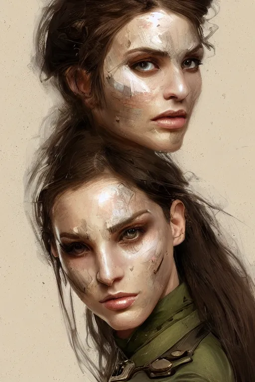 Image similar to a professionally painted portrait of an attractive young woman, clothed in military armor, olive skin, long dark hair, beautiful bone structure, symmetrical facial features, intricate, elegant, digital painting, trending on Artstation, concept art, smooth, sharp focus, illustration, from Metal Gear by Ruan Jia and Mandy Jurgens and Artgerm and William-Adolphe Bouguerea, award winning