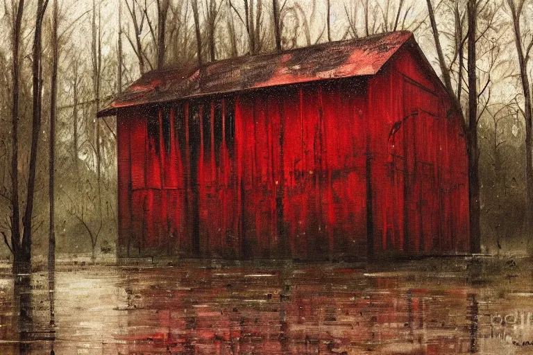 Prompt: A painting of an abadoned building near the river in a forest, it is rainning and the rain is red, oil on canvas, ultra detailed, impressionism, octane rendering