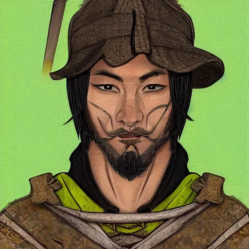 Image similar to a medieval hunter man with japanese ethnicity and stubble, chartreuse color scheme, fantasy character portrait by sasha beliaev