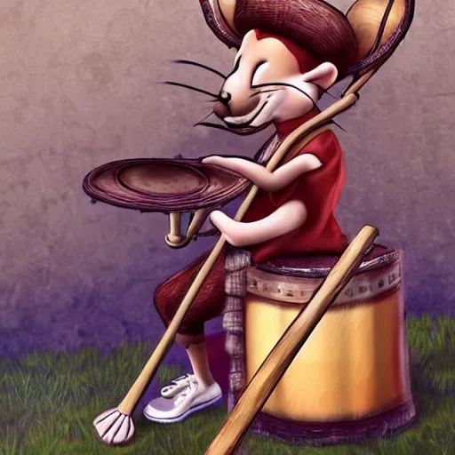 Image similar to mouse with drum, musician dress, fantasy forrest background, digital art, close up